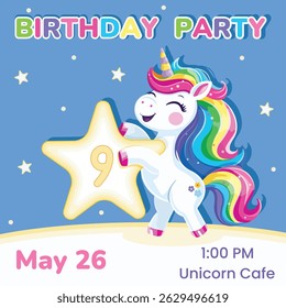 Birthday party invitation with number 9. Template with cute and happy unicorn with multi-colored hair and star. Poster, Banner, Flyer. Vector illustration in flat cartoon style