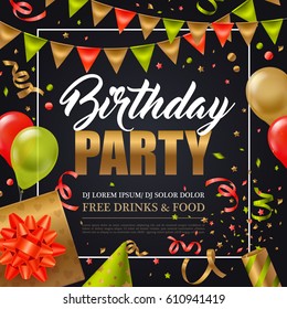 Birthday party invitation poster with colorful holiday elements on black background flat vector illustration