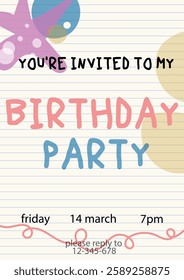 Birthday party invitation poster on lined handwriting paper sheet. Typography design template.