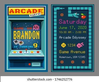 Birthday party invitation in retro style pixel art vector illustration. Slot machine time and place of celebration event flat style. Arcade game and fun concept. Isolated on grey