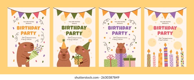 Birthday party invitation set with capybaras, candles, gift boxes, confetti. Universal invite design for kids with animal characters. Vector pastel cute flat vector collection.
