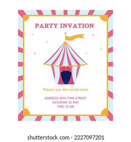 Birthday party invitation in the style of a pink circus. Party. Vector