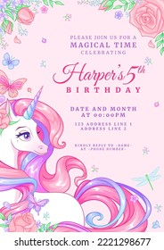 Birthday party invitation template with beautiful unicorn surrounded with flowers and butterflies. Vector illustration on pink background. Release clipping mask for full size objects.