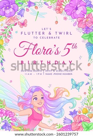 Birthday party invitation template with a beautiful fairy surrounded by flowers and butterflies. Vector illustration on pink background. Full size objects under clipping mask.