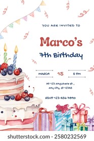 Birthday party invitation template with birthday cake and gift box vector watercolor illustration. Birthday boy invitation card design.
