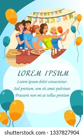 Birthday Party Invitation Template with Copyspace. Women taking Selfie. Girls, Friends Eating Snacks, Drinking Cola. Cartoon Characters Celebrating B-Day. Postcard, Greeting Card Flat Layout