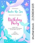 Birthday party invitation template. Cute illustration of mermaid tails, sea shells and star fish. Vector 10 EPS.