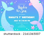 Birthday party invitation template. Cute illustration of mermaid tails, pearls and star fish. Vector 10 EPS.
