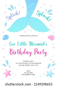 Birthday party invitation template. Cute illustration of mermaid tails, sea shells and star fish. Vector 10 EPS.