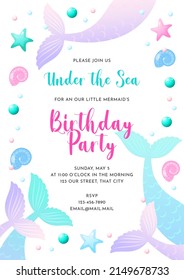 Birthday party invitation template. Cute illustration of mermaid tails, sea shells and star fish. Vector 10 EPS.