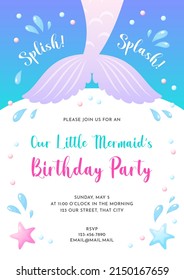 Birthday party invitation template. Cute illustration of mermaid tails, sea shells and star fish. Vector 10 EPS.