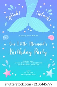 Birthday party invitation template. Cute illustration of mermaid tails, sea shells and star fish. Vector 10 EPS.