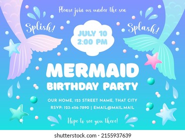 Birthday party invitation template. Cute illustration of mermaid tails, pearls and star fish. Vector 10 EPS.