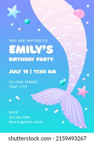 Birthday party invitation template. Cute illustration of mermaid tails, pearls and star fish. Vector 10 EPS.