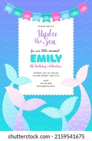 Birthday party invitation template. Cute illustration of mermaid tails, pearls and star fish. Vector 10 EPS.