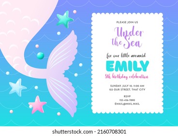 Birthday party invitation template. Cute illustration of mermaid tails, pearls and star fish. Vector 10 EPS.