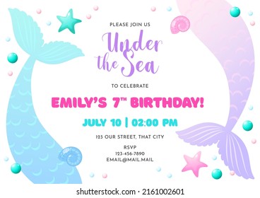 Birthday party invitation template. Cute illustration of mermaid tails, pearls and star fish. Vector 10 EPS.