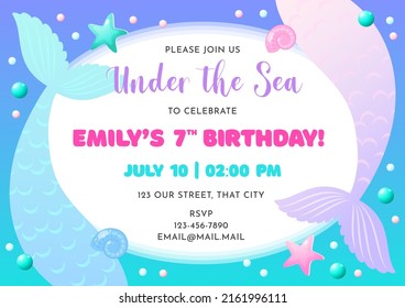 Birthday party invitation template. Cute illustration of mermaid tails, pearls and star fish. Vector 10 EPS.