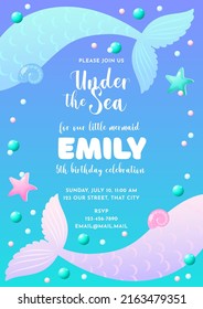 Birthday party invitation template. Cute illustration of mermaid tails, pearls and star fish. Vector 10 EPS.