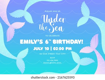 Birthday party invitation template. Cute illustration of mermaid tails on a background of blue waves. Vector 10 EPS.