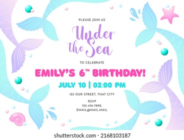 Birthday party invitation template. Cute illustration of mermaid tails, shell, pearls and star fish. Vector 10 EPS.