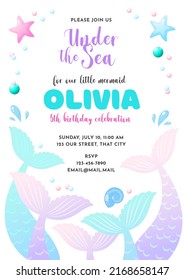 Birthday party invitation template. Cute illustration of mermaid tails, shell, pearls and star fish. Vector 10 EPS.