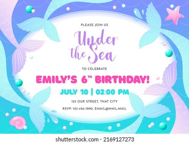 Birthday party invitation template. Cute illustration of mermaid tails, shell, pearls and star fish. Vector 10 EPS.