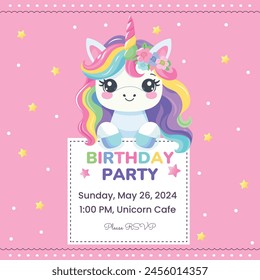 Birthday party invitation template with cute unicorn. Vector illustration.