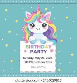 Birthday party invitation template with cute unicorn. Vector illustration.