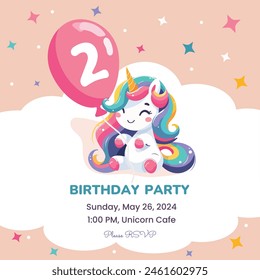 Birthday party invitation template with cute unicorn. Vector illustration.