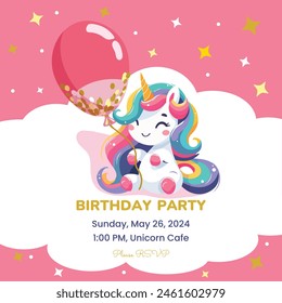 Plantilla de invitación de fiesta de cumpleaños con lindo unicornio. Ilustración vectorial.