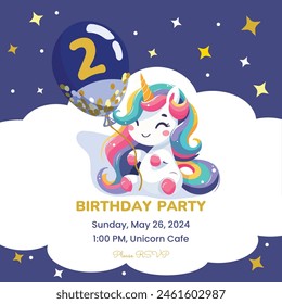Birthday party invitation template with cute unicorn. Vector illustration.