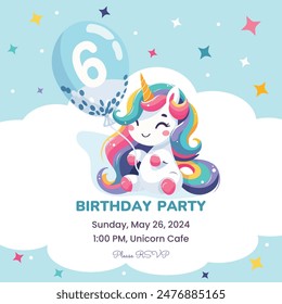 Birthday party invitation template with cute unicorn and a wearable ball with the number 6. Vector illustration.