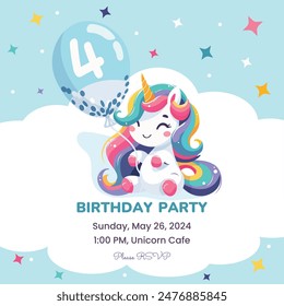 Birthday party invitation template with cute unicorn and a wearable ball with the number 4. Vector illustration.