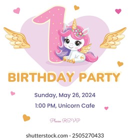 Birthday party invitation template with cute unicorn with golden horn and wings and number 1 (one). Vector illustration in flat cartoon style