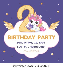 Plantilla de invitación de fiesta de cumpleaños con lindo unicornio con cuerno dorado y alas y número 2 (dos). Ilustración vectorial en estilo plano de dibujos animados