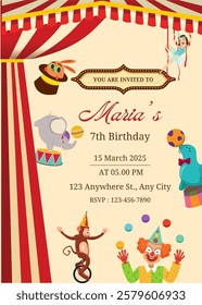 Birthday party invitation template with cute circus animals vector illustration. Birthday girl invitation card design.