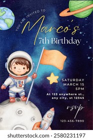 Birthday party invitation template with cute astronaut cartoon vector illustration. Birthday boy invitation card design.