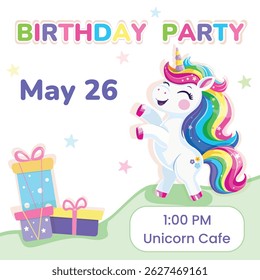 Birthday party invitation. Template with cute and happy unicorn with multi-colored hair and gifts on white background. Poster, Banner, Flyer. Vector illustration in flat cartoon style