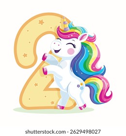 Birthday party invitation, template with cute and happy unicorn with multi-colored hair and number 2 on white background. Vector illustration in flat cartoon style
