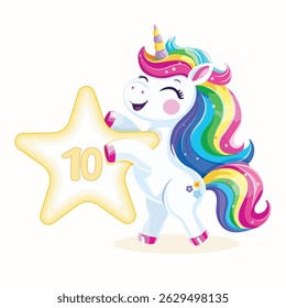 Birthday party invitation, template with cute and happy unicorn with multi-colored hair and number 10 on white background. Vector illustration in flat cartoon style