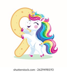 Birthday party invitation, template with cute and happy unicorn with multi-colored hair and number 9 on white background. Vector illustration in flat cartoon style