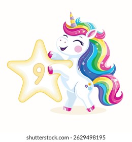 Birthday party invitation, template with cute and happy unicorn with multi-colored hair and number 9 on white background. Vector illustration in flat cartoon style