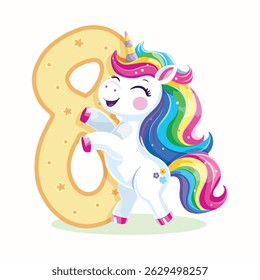 Convite de festa de aniversário, modelo com unicórnio bonito e feliz com cabelo multicolorido e número 8 em fundo branco. Ilustração vetorial em estilo de desenho animado plano