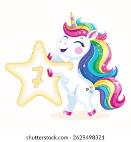 Birthday party invitation, template with cute and happy unicorn with multi-colored hair and number 7 on white background. Vector illustration in flat cartoon style