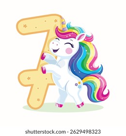 Birthday party invitation, template with cute and happy unicorn with multi-colored hair and number 7 on white background. Vector illustration in flat cartoon style