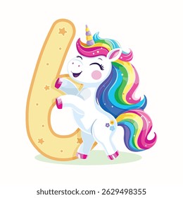 Birthday party invitation, template with cute and happy unicorn with multi-colored hair and number 6 on white background. Vector illustration in flat cartoon style