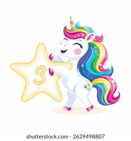 Birthday party invitation, template with cute and happy unicorn with multi-colored hair and number 3 on white background. Vector illustration in flat cartoon style