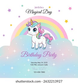 Birthday party invitation. Template. Cute unicorn on a rainbow background. Vector illustration