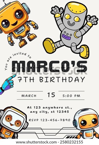 Birthday party invitation template with cute robot cartoon vector illustration. Birthday boy invitation card design.